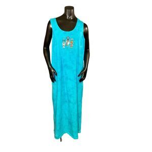 Boho Turquoise Tribal Maxi Sun Dress 100% Cotton Scoop Neck Womens Size Large